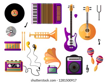 Set of musical instruments for playing music and listening. Musical accessories.