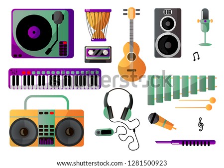 Set of musical instruments for playing music and listening. Musical accessories.