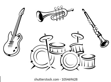 Set of musical instruments in retro style isolated on white background, such logo. Jpeg version also available in gallery