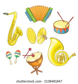 Set of musical instruments. Saxophone, cymbals, french horn, drum, timpani, maracas and harmonica. In cartoon style. Isolated on white background. Vector illustration.