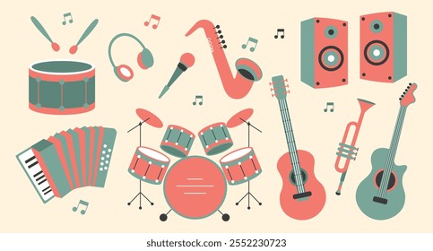 Conjunto de instrumentos musicais, saxofone, bateria, guitarras, acordeão, trompete, microfone. Ilustração de estilo retrô