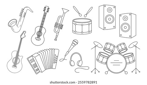 Set of musical instruments, saxophone, drums, guitars, accordion, trumpet, microphone. Illustration, sketch, outline drawing