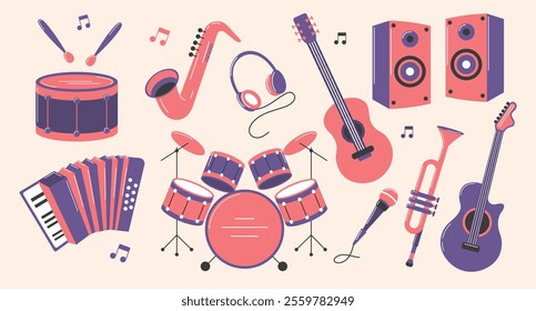 Set of musical instruments, saxophone, drums, guitars, accordion, trumpet, microphone. Retro style illustration