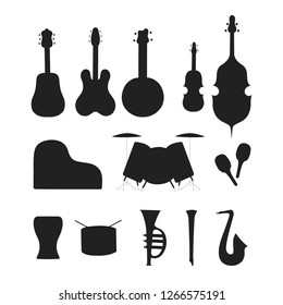 Set of musical instruments silhouette. Music shop or school concept. Vector isolated illustration. Cello, guitar, saxophone and violin for country festival or jazz fest.