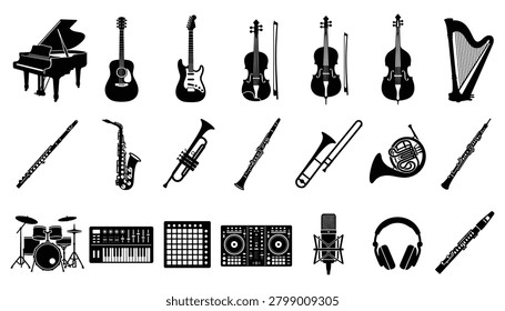 Set of musical instruments silhouettes vector icons with instrument, silhouette