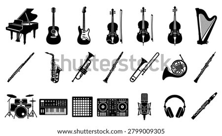 Set of musical instruments silhouettes vector icons with instrument, silhouette