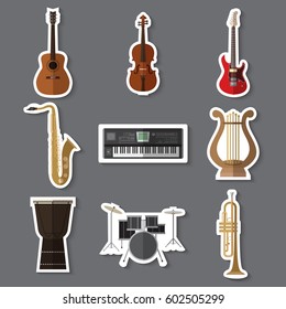 Set of musical instruments stickers flat icons on grey background vector illustration
