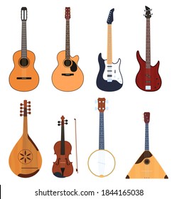 Conjunto de instrumentos musicales, instrumentos musicales de cuerda, instrumentos musicales clásicos, guitarras, instrumentos musicales nacionales. Ilustración del vector