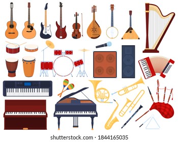 Set of musical instruments, stringed musical instruments, wind instruments, drums, keyboard musical instruments. Vector illustration