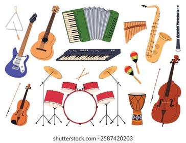 Set of musical instruments. Stringed, wind, percussion musical instruments. Instruments for concert, playing music. Vector illustration