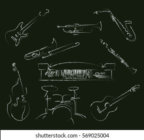 set of musical instruments symbols in chalk line style. vector