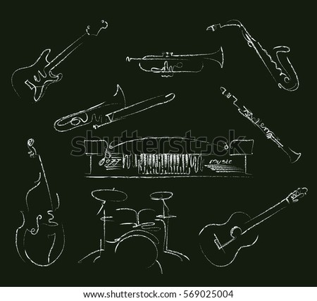 set of musical instruments symbols in chalk line style. vector