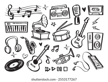 Conjunto de instrumentos musicais e símbolos em estilo doodle. Ilustração de desenho animado vetorial