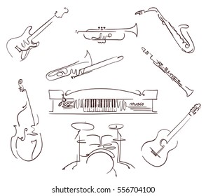 set of musical instruments symbols in line art style. vector