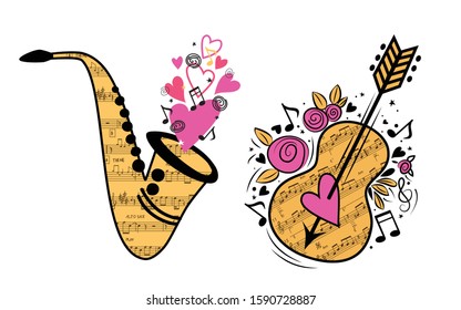 Set of musical instruments with musical texture page.
Guitar with an arrow piercing the heart and Saxophone . Design elements for Valentines day. Vector illustration.