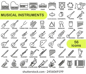 Set of musical instruments in thin line. Pictures of different musical instruments with names. EPS 10.
