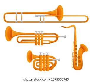 Set of musical instruments trombone, trumpet, saxophone,oboe.Vector flat illustration.Isolated on a white background.