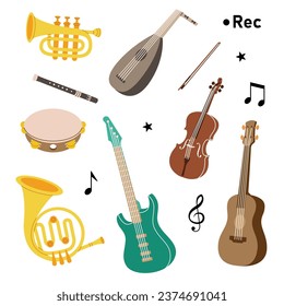 Set of musical instruments. Tuba, trumpet, drum flute, french horn, lute, violin, electric bass guitar, acoustic guitar. Vector illustration.