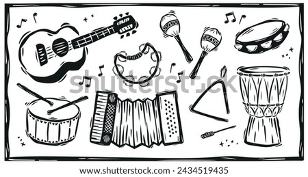 Set of musical instruments typical of northeastern Brazil. Cordel woodcut style illustration
