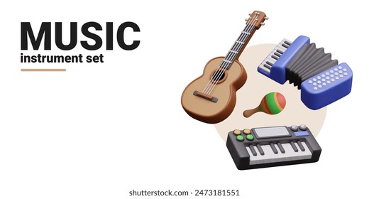 Set of musical instruments of various types. Guitar, accordion, maracas, synthesizer