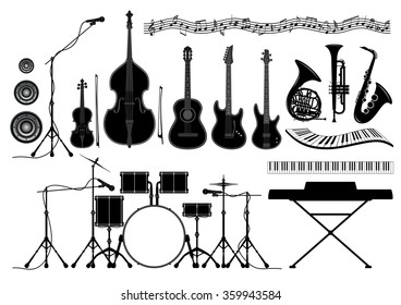 Set of musical instruments in vector - guitar, piano, trumpet, french horn, drum set, saxophone, violin, double bass, bow, microphone, speaker, music notes