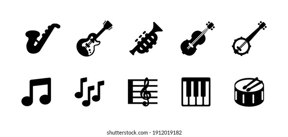 Set of Musical Instruments vector icons. Saxophone, Electric Guitar, Trumpet, Violin, Cello, Banjo, Piano, Keyboard, Drum musical symbols collection