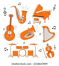 A set of musical instruments. Vector stock illustration. White background. isolated. Doodle. hand draw.