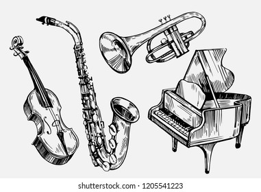 A set of musical instruments: violin, piano, saxophone. Hand drawn sketch converted to vector