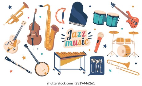 Conjunto De Instrumentos De Jazz Musical Saxofón, Trucha, Piano, Doble Bass, Tambores Y Clarinet, Banjo, Micrófono, Guitarra