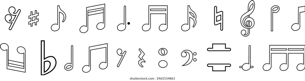 Set of Musical key page symbols with treble clef in trendy black line style editable stock. Musician splash effect signs business concepts. Note music icon for your web site on transparent background.