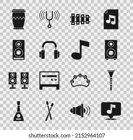 Set Musical note, Clarinet, Stereo speaker, Xylophone, Headphones, Drum and tone icon. Vector