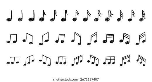 Conjunto de doodle de nota musical. Símbolo musical dibujado a mano. Elemento único para la impresión, Web, diseño, decoración, logotipo