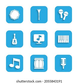 Set Musical note, Drum, Microphone, Grand piano, tone, Guitar, Maracas and Dial knob level icon. Vector