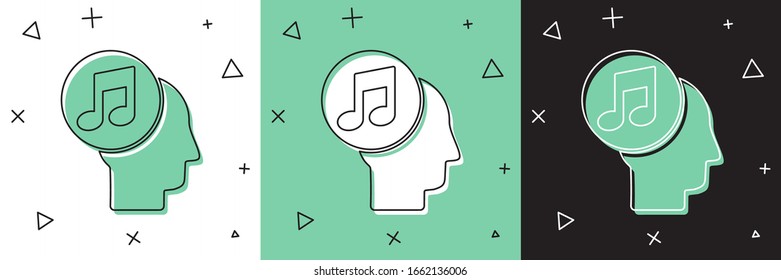 Set Musical note in human head icon isolated on white and green, black background.  Vector Illustration