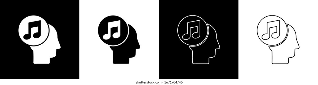 Set Musical note in human head icon isolated on black and white background.  Vector Illustration