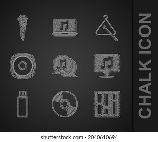 Set Musical note in speech bubble, CD or DVD disk, Sound mixer controller, USB flash drive, Stereo speaker, Triangle musical instrument and Microphone icon. Vector