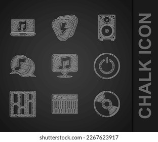Set Musical note in speech bubble, synthesizer, CD or DVD disk, Power button, Sound mixer controller, Stereo speaker and Laptop with music icon. Vector