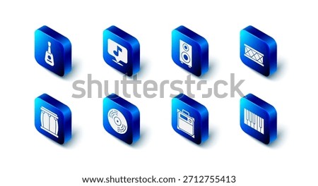 Set Musical note, Stereo speaker, Drum, Grand piano, Guitar amplifier, Vinyl disk,  and  icon. Vector