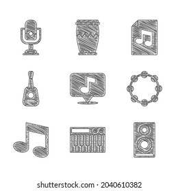 Set Musical note, synthesizer, Stereo speaker, Tambourine, tone, Guitar, book with and Microphone icon. Vector