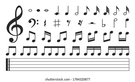 Set of musical notes. Black musical note icons. Music elements. Treble clef. Vector illustration.