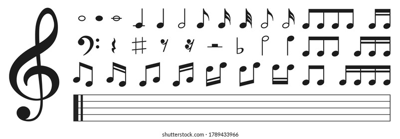 Set of musical notes. Black musical note icons. Music elements. Treble clef. Vector illustration.