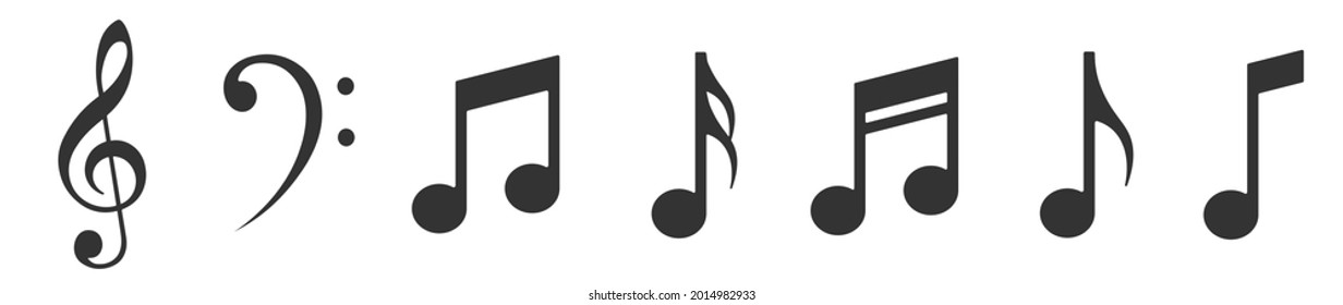 Set of musical notes. Black musical note icons. Music elements. Treble clef. Vector illustration.