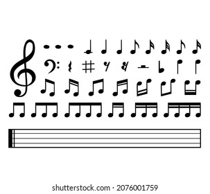 Set of musical notes. Black silhouette isolated on white background. Vector illustration
