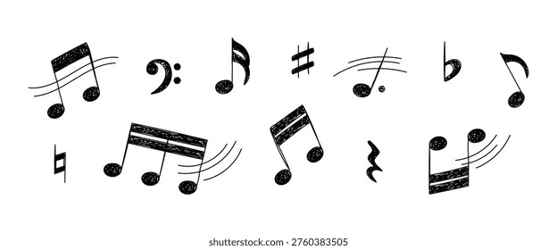 Set of musical notes drawn in hand sketch pencil style. Artistic vector illustration with shaded strokes isolated on transparent background, ideal for music design, decoration, and creative projects