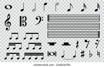 Set of musical notes icon set isolated on transparent background. Music tune melody symbols sign for sheet music composition. EPS10 illustration vector.