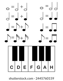 Set of musical notes icons. Musical cues. Vector symbols on a white background. Notation of notes on a piano keyboard.