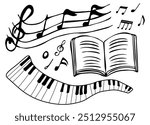 Set of musical notes, music book and piano