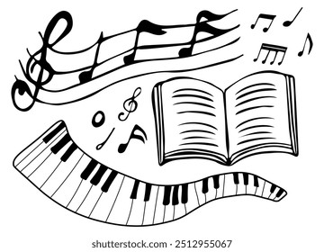 Set of musical notes, music book and piano