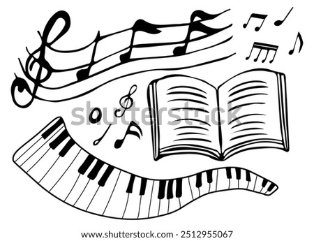 Set of musical notes, music book and piano