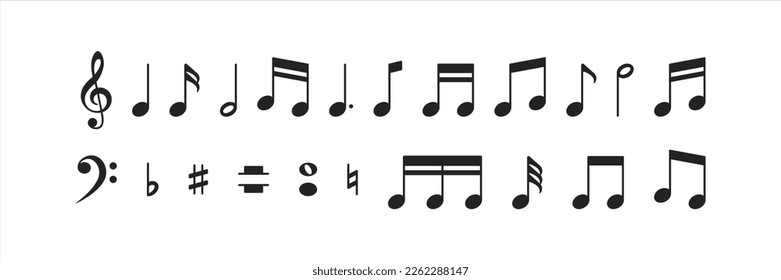 Set of musical notes. Music grammar, records, composer, musician, performer, instruments, song, sound, hobby, work, teacher, disco, entertainment, illustration. Music concept. Set of vector notes